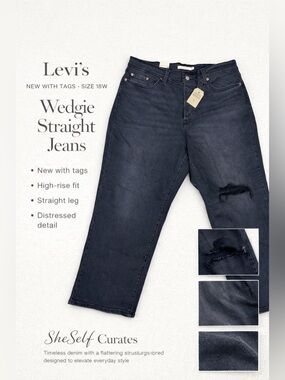 Levi’s Wedgie Straight Jeans Black | Distressed Knee High Rise Denim | 18W NWT